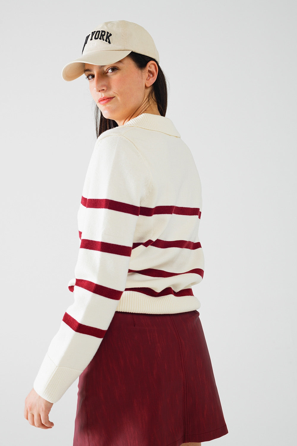 White Sweater With Dark Red Stripes and Wide v Neck