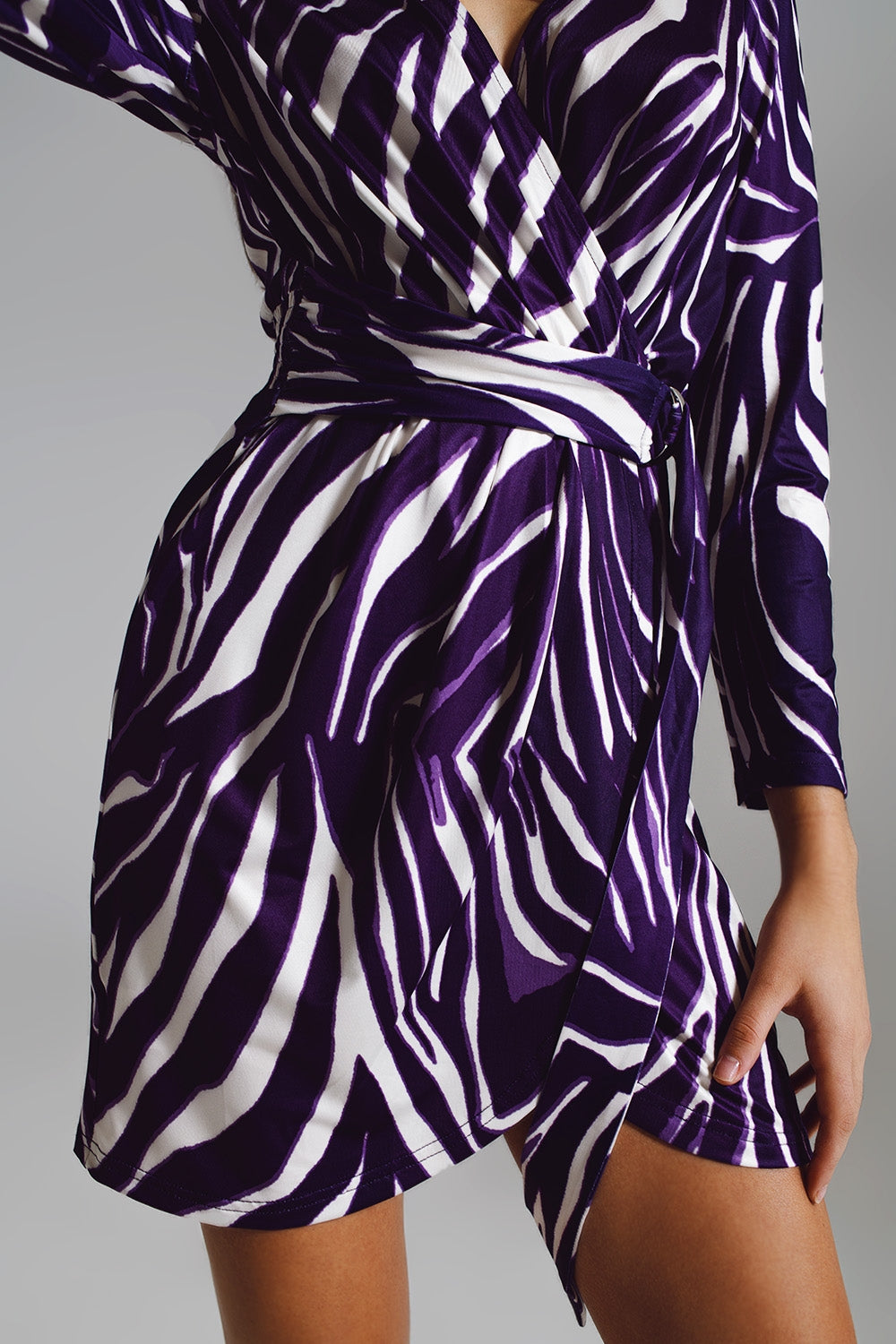 Wrapped Long Sleeve Dress With Belt in Cream and Purple Zebra Print