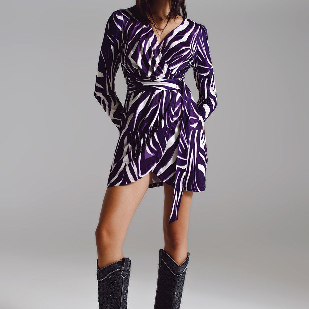 Wrapped Long Sleeve Dress With Belt in Cream and Purple Zebra Print