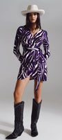 Wrapped Long Sleeve Dress With Belt in Cream and Purple Zebra Print